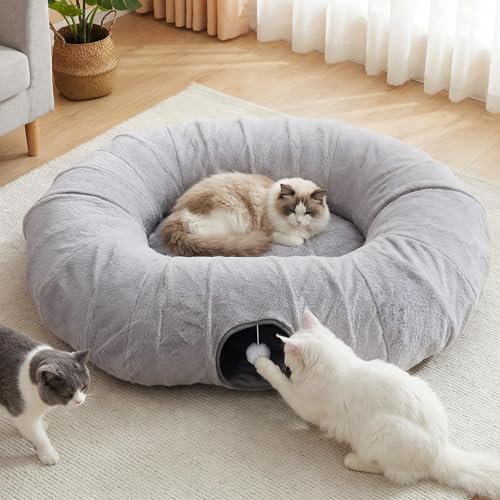 Extra Large Cat Tunnel, 47.2in Multi-Cat Family Big Cat Tunnel for Cats | Long Cat Tunnel Bed with Washable Plush Mat, XXL Pet Play Tunnel Toy for Cats, Puppy, Rabbits Grey - color: Grey, size: Large
