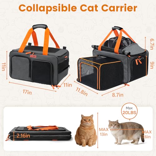 Cat Carrier Soft Sided Airline Approved for Small Pet Dog Travel | Collapsible, Top Loading, for Medium Animal Kitten Puppy Long Car Trip, Expandable Fabric Large Bag, for Kitty Under 20 lb