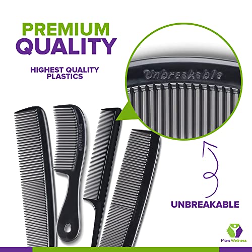 Mars Wellness 4 Piece Professional Black Comb Set for Women, Men -USA MADE | Rat tail, dresser & styling combs for teasing, parting, backcombing & sectioning. Premium grade, barber quality, black - color: Black, size: 4 Piece Set