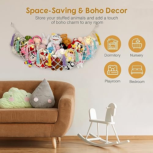 Stuffed Animal Net or Hammock, Large Stuffed Animal Storage Macrame Toy Hammock Hanging Corner Net for Stuffed Animals, Plushie Net Hammock with Star Lights for Boho Kids Room Nursery Playroom Decor