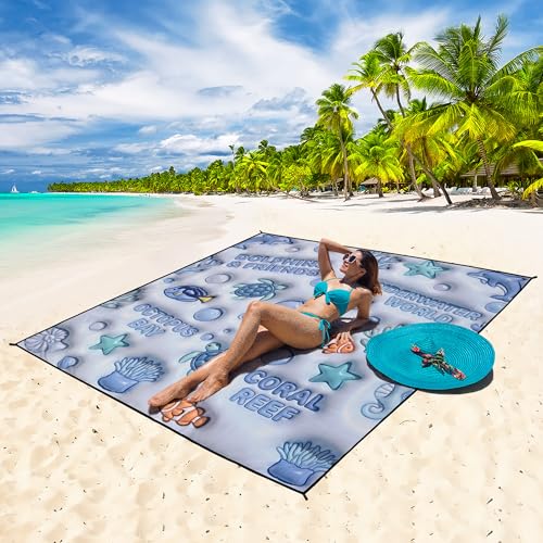WIWIGO Beach Blanket Mat Waterproof Sandproof for 2-8 Adults Quick Drying | Extra Large, For 2-8 Adults,Windproof, Outdoor Picnic Mat, Beach Accessories Must Have,Gifts, for Travel, Camping, Hiking - color: 3d - Ocean Light Blue, size: 79" X 83"（1-4person