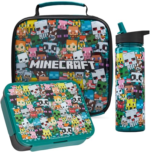 Get Trend Minecraft Kids Insulated Lunch Bag 3Pc Set with Bento Box and 20 fl oz BPA-Free Straw Water Bottle, Lightweight Kids Lunch Box, Gamer Gifts for Boys (Multi Minecraft) - color: Multi Minecraft