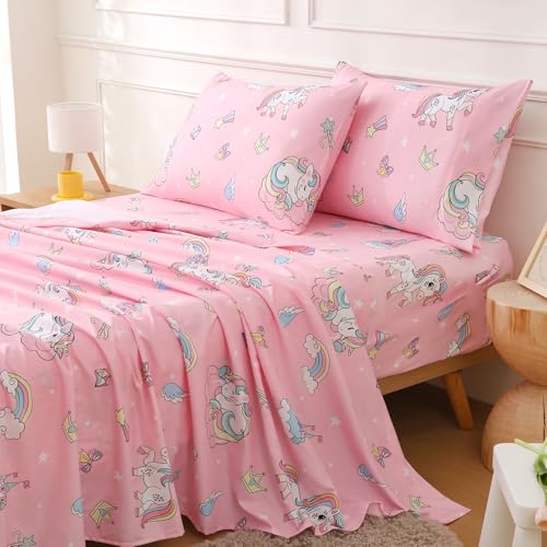 Full Sheet Set for Girls Pink Unicorn Rainbow Themed Kids Bed Sheet | 4 Piece Soft Breathable Printed Microfiber Bed Sheet for Kids Room, 15-inch Deep Pocket Fitted Sheet and Pillowcase Set - color: Unicorn, size: Full