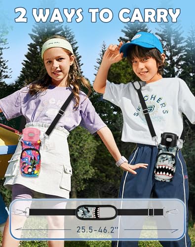 Water Bottle Carrier with Strap for Kids, 14-20 oz | Insulated, Neoprene Water Bottle Holder Bag with Pocket, Cute Cartoon, Bottle Bag for boys and girls, Walking Hiking Camping - color: Camo Shark