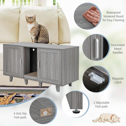 PETSITE Litter Box Enclosure for 2 Litter Boxes, Hidden Cat Washroom TV Stand End Table with 2 Cabinet, Scratching Board, Indoor Cat Litter Furniture (Grey Wash), Patented - color: Grey Wash