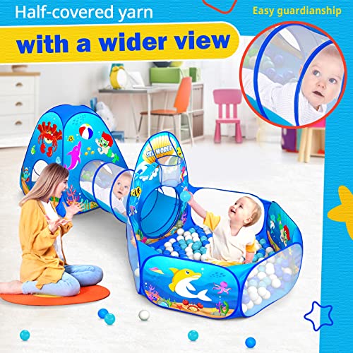 GeerWest 3PC Kids Ball Pits for Toddlers with Kids Play Tent, Tunnel for Baby, Children Pop Up Indoor/Outdoor Playhouse Toy for Boys and Girls, Best Birthday Gifts for 3 4 5 Years Old - style: 3pc Ocean Ball Pit