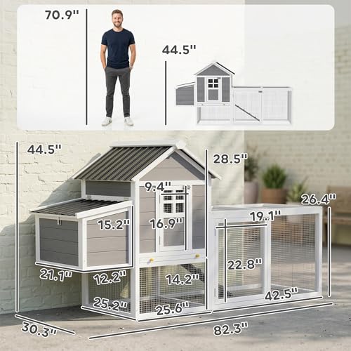 PawHut 82" Wooden Chicken Coop for 2-3 Hens with Nesting Box Gray | Large Outdoor Hen House Poultry Hutch, Pull-on Tray, Waterproof Roof, Ramp, Roosting Bars, Backyard Use