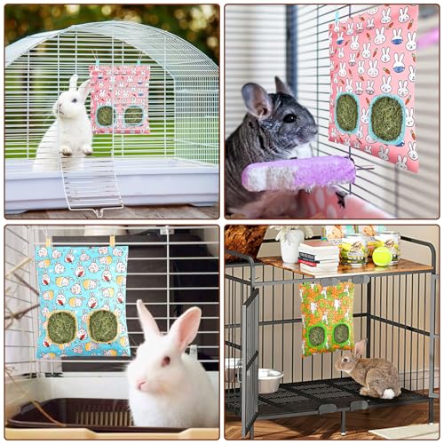 UPINS 3Pack Guinea Pig Hay Feeder Bag,Bunny Rabbit Cage Bag Hanging Holder | Guinea Pig Cage Feeder,for Bunny Rabbits,Chinchillas,Hamsters,Small Pets,and Animals - color: Orange Blue Pink