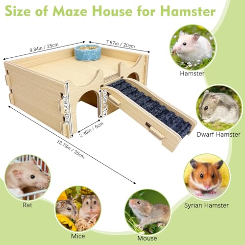 BNOSDM Wooden Hamster Hideout Syrian Hamsters Multi-Room Hideouts & Tunnel Exploring Toys Gerbils Wood House with Ladder for Dwarf Mouse Mice Rat and Other Small Animals - color: Wooden Hideout with Bridge