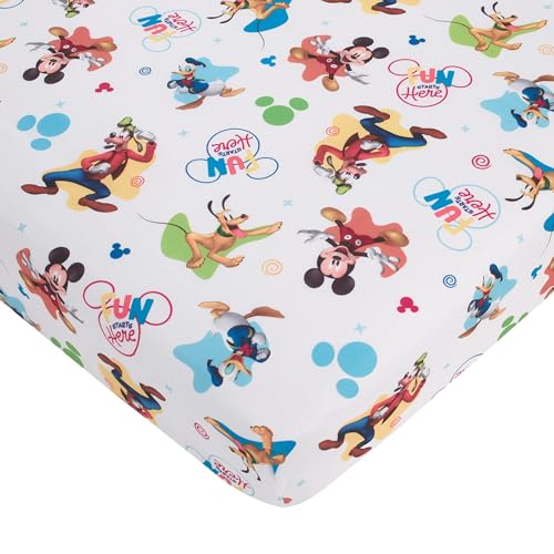 Disney Mickey Mouse Blue, Red, Green, and White, Donald Duck, Pluto, and Goofy, Fun Starts Here 2 Piece Toddler Sheet Set - Fitted Bottom Sheet, and Reversible Pillowcase - color: Mickey Mouse - Fun Starts Here