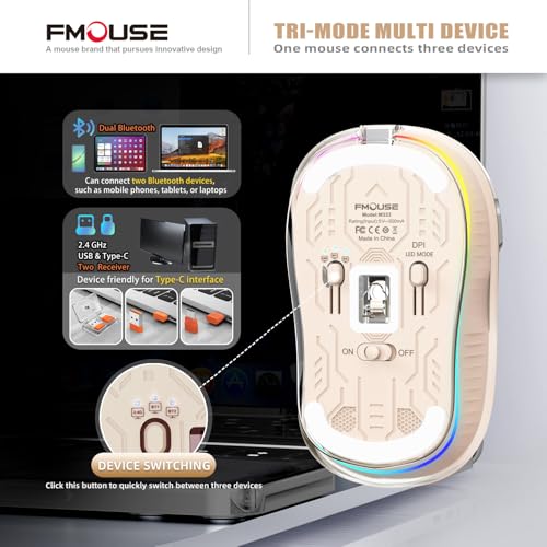 FMOUSE Transparent Wireless Mouse, Tri-Mode Bluetooth & 2.4GHz, Cream | USB-A & USB-C Receiver | Rechargeable | 3 Devices for MacBook Laptop iPad PC | Silent Clicks | Portable | RGB | 4-Level DPI - color: Cream