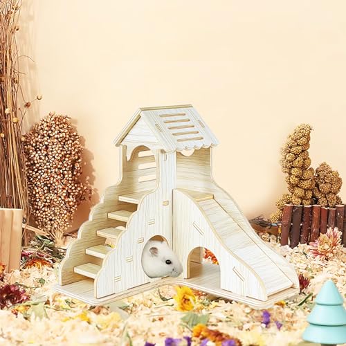 Wood Hamster Hideout House Habitat Wooden Maze Hide Hut with Climbing Ladder and Platform Cage Accessories Toys for Dwarf Gerbils Mouse Mice Rat Other Small Animals etc. (01 Right Angle House)