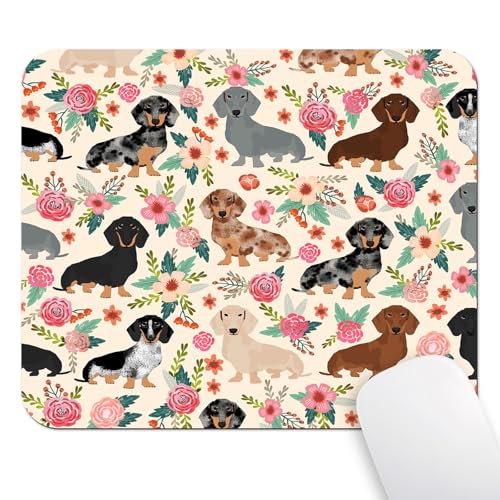 Dachshund Floral Seamless Design Mouse Pad, Sausage Dog Wiener Desk Mat | Pink Rose Flowers, Boho Puppies Animal Art, 9.5"x 7.9", Cute Smooth & Anti-Slip Mousepad - color: Sausage Dog