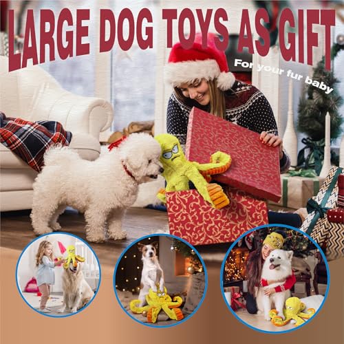 LEGEND SANDY Tough Dog Toys, Squeaky Large Dog Toy, Stuffed Puppy Chew Toys | Soft Fabric, Interactive Daily Companionship, Tug of War Doggie Toy, Training Reward, Crinkle Yellow Octopus - color: Yellow Octopus