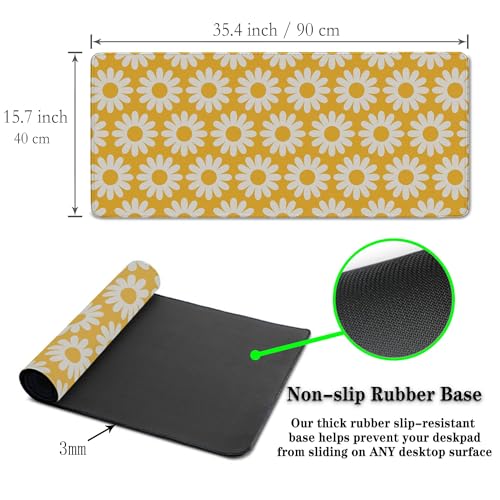 Computer Desk Mat Yellow Desk Mats, Large Gaming Mouse Pads Keyboard Mouse Pad, Mouse Mat Non-Slip Rubber Base Waterproof with Stitched Edges, 35.4 X 15.7 inch for Work/Game/Office/Home - color: Yellow Flowers