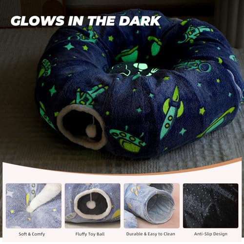 Under Christmas Tree Large Cat Tunnels Bed Tube for Indoor Cats Glows in The Dark Cat Tunnel with Cushion and Plush Ball Toy Toys for Dog Puppy Kitten Rabbit Bunnies Ferret Pet Blue - color: Blue Bed