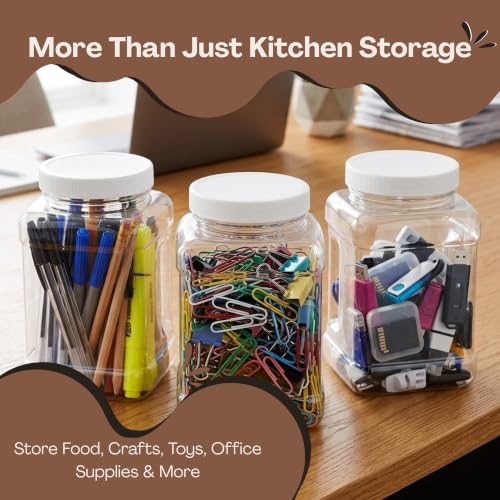 Pride of India Clear Food Grade PET Plastic Jar – 48 Fluid Ounce | Square-Grip Plastic Containers for Snacks, Candy, Cereal, Pet Food, Kitchen, Pantry & Household Storage (4-5 Cup Storage Capacity) - size: Large Square Grip Jar & Cap