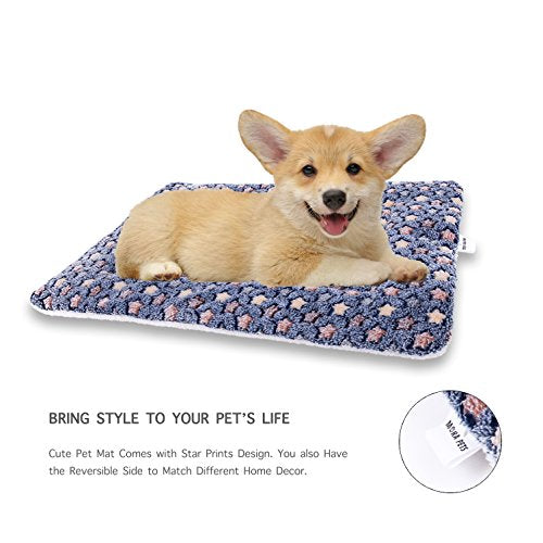 Mora Pets Dog Bed Crate Pad Ultra Soft Pet Mat Star Print 22 Inch Blue | Washable Crate Mat for Large Medium Small Dogs, Reversible Fleece Dog Crate Kennel Mat Flat Cat Bed Liner - color: Dark Blue, size: 22-Inch