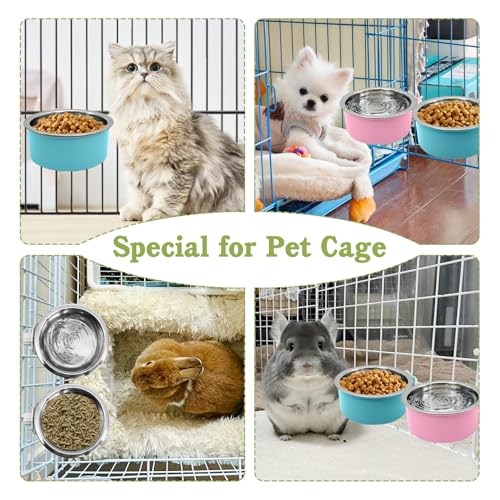 Tfwadmx 4 Pcs Crate Dog Bowl Cat Removable Stainless Steel Food and Water Feeder Hanging Cage Bowls Coop Cup with Cleaning Set for Pet Puppy Bird Rat Guinea Pig Ferret Bunny Rabbit (Light Blue, Pink) - color: Light Blue, pink (4 PCS)