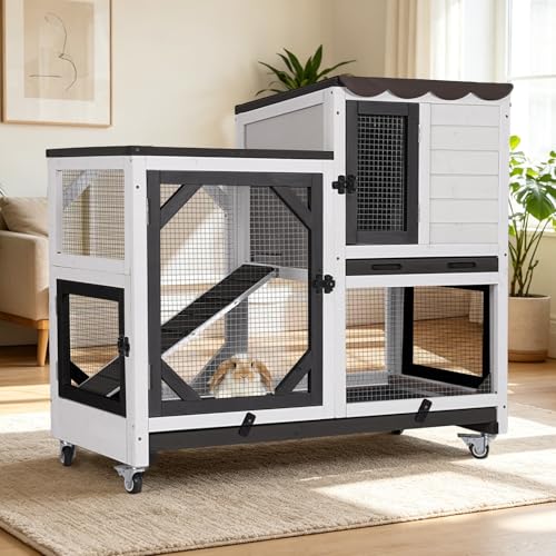 Rabbit Hutch Indoor for 2-4 Rabbits & Guinea Pigs，Bunny Cage with Slide-Out Plastic Trays，Wooden Small Animal Cage for Rabbits, Bunnies, and Guinea Pigs (Black) - color: (White & Black-AIR7013)
