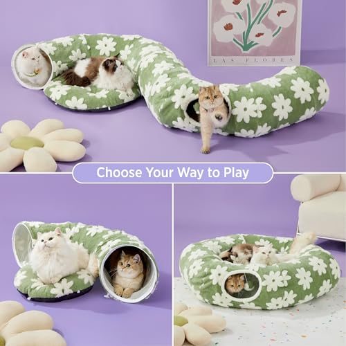 Lesure Donut Cute Jacquard Large Cat Tunnel Bed Kitten Toys for Dog Bunny | 39.5x39.5x10in,Round Large Cat Bed Tube for Multi Kittens,Pet Peekaboo Cave Toy,Spiral Hideaway,Washable Cushion,Green - color: Flower Garden Green, size: large (39.5"L x 39.5"W x