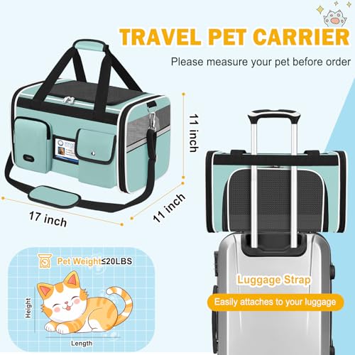 HUANLANG Large Cat Carrier Travel Soft Sided Pet Carrier Airline Approved | Dog Carriers for Small Dogs Medium Cats,Collapsible,3 Storage,zipper lock,Reflective strips,Luggage Strap, Up to 15 Lbs - color: Green