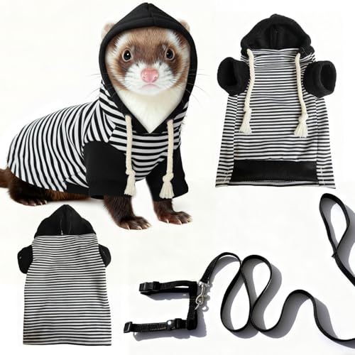 Small Pet Harness Vest and Leash Set Ferret Clothes Hoodies for Ferrets for Outdoor Walking Rabbit Ferret Guinea Pig Bunny Hamster Puppy Kitten (Black and White Striped Clothes + Leash) - color: Black and white striped clothes + leash