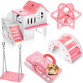 Skylety 5 Pcs Hamster Toys Include Wooden Accessories Hamster House Guinea Pig Hideout Rainbow Bridge Seesaw Swing Exercise Circle Cage Toy for Small Animals(6.3 x 3.93 x 5.5 inch,Pink) - color: Pink