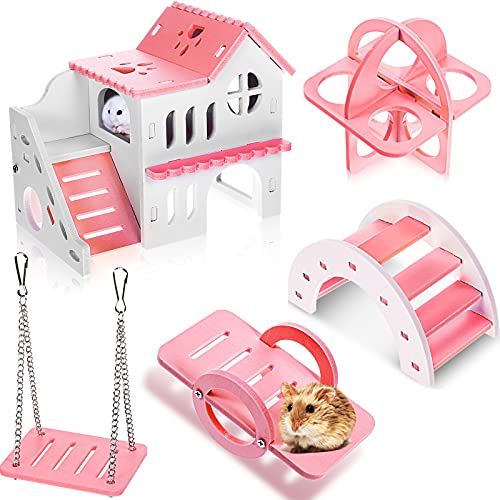 Skylety 5 Pcs Hamster Toys Include Wooden Accessories Hamster House Guinea Pig Hideout Rainbow Bridge Seesaw Swing Exercise Circle Cage Toy for Small Animals(6.3 x 3.93 x 5.5 inch,Pink) - color: Pink