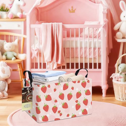 Rectangle Foldable Storage Basket Handles For Home, Pink Strawberry | Waterproof canvas material, reinforced handles, perfect for shelf use, organizes clothes, daily items and pet supplies - color: REC-Pink Strawberry