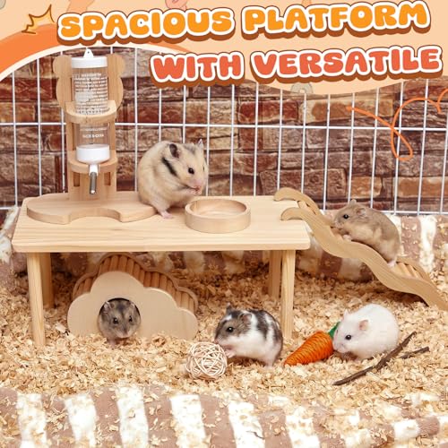 5 Pcs Hamster Cage Accessories, Wood Hamster Play Wooden Platform Water Bottle with Stand Climbing Set for Rat Mice Small Animals Pets Habitats Woodland Decor(Cloud Villa) - style: Cloud Villa