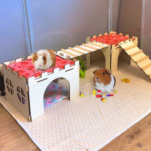 2PCS Guinea Pig Hideout,Large Wooden Guinea Pigs House with Stairs and Mats,Detachable Guinea Pig Castle Hide for Small Animals Hamster Chinchilla Ferret Habitats Accessories - size: 2 Houses