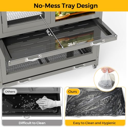 COZIWOW Grey 2-Tier Wooden Rabbit Hutch, Indoor Rabbit Cage | 2-Tier Rabbit House Features Rolling Wheels, Easy-Clean Tray, Anti-Slip Ramp And Air Circulation Vents - size: 2-compartment rabbit cage