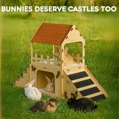 OtterPets Extra Large Bunny Hideout, Wooden Rabbit Castle with Fleece Mats | Pet-safe wood joints (no rubber bands), rabbit hideout made of safe wood, bunny house indoor; chinchilla and guinea pig safe - color: Pet Safe Wood Joints