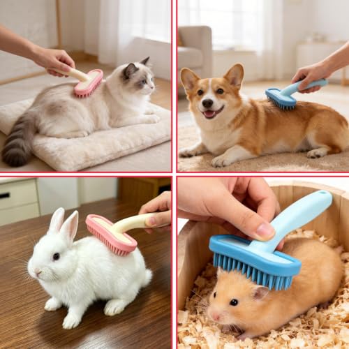 3PCS Rabbit Brush, Bunny Grooming Comb & Soft Silicone Small Pet Brushes | with Grey Cleaning Brush, Small Animals Massager Cat Shedding Brush Pet Hair Remover Dog Combs for Kittens Puppies