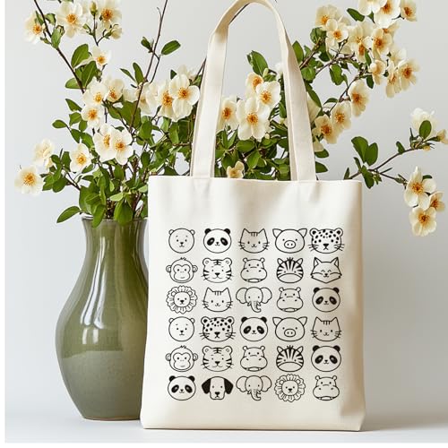 ANATTASOUL Canvas Tote Bag Reusable Cotton Bag for Women, Large 14.96"x 15.74" Cloth Shoulder Bags with Zipper Pockets - style: Animal Portraits