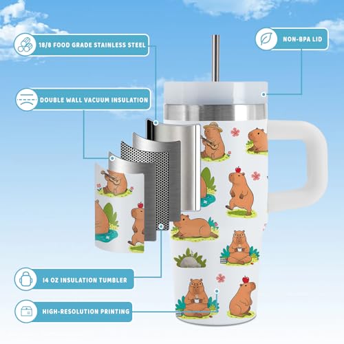 Capybara 14 oz Water Bottle, with Handle Straw, Insulated Cup | 14oz Capybara Stainless Steel Sports Tumbler, Reusable Leak proof Vacuum Mug, Christmas Birthday Animal Gift for Daughter Son - color: Capybara-White