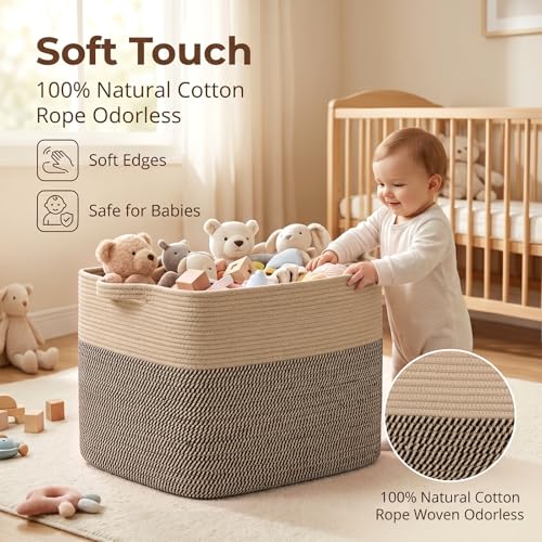 OIASKET 108L Cotton Rope Storage Basket for Living Room and Bedroom 25"x16"x16" Woven Laundry Basket, Heavy Duty Bin for Blankets, Pillows & Toys, Pet-Safe & Scratch-Free, Brown and Black - color: Brown & Black