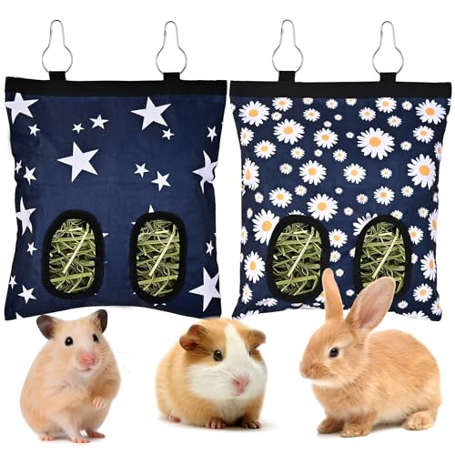 Upgraded Rabbits Hay Feeder Bag for Bunny, Guinea Pigs, Chinchillas - Hanging Washable 2-Hole Hay Dispenser with 600D Oxford Fabric, Small Animal Cage Accessories （Blue Star and Blue Daisy） - color: Blue Star and Blue Daisy