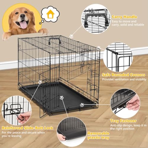 Dog Crate Kennel, 42 Inch Metal Pet Cage Double Door W/Divider Panel, Folding Travel Indoor Outdoor Dog Kennel Leak-Proof Plastic Tray Wire Animal Cage - size: 28.0"L x 28.0"W x 42.0"H