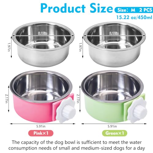 kathson Crate Dog Bowl, Removable Stainless Steel Hanging Pet Cage Bowl Food & Water Feeder Coop Cup for Cat, Puppy, Birds, Rats, Guinea Pigs (2 PCS, Size: M, Green and Pink) - color: Size: M (Green, Pink), size: 2 PCS