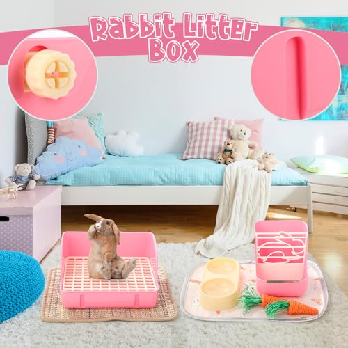 Honeydak 10 Pcs Rabbit Starter Kit Small Litter Box Bunny Grooming Kit Scratch Pads Hay Feeder Bowl Ice Pad with Bunny Toys for Guinea Pig Rabbit Accessories(Pink) - color: Pink