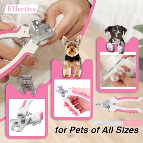 7 Pcs Cat Dog Brush Grooming Kits, Self-Cleaning Slicker Brush, Pet Nail Clipper and File, Flea Comb, Pet Shampoo Bath Brush, Pet Finger Toothbrush, Storage Bag (Pink) - color: Pink