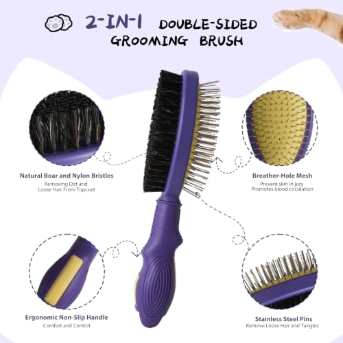 2PCS Pet Grooming and Deshedding Brush Tools | 2-In-1 Double-Sided Dogs Cats Brush for Shedding and Bathing, Pet Shedding Comb for Removes Loose Long and Short Haired - color: Purple