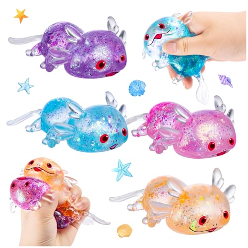 4PCS Glitter Axolotl Stress Relief Ball 4 Colors Axolotl Sensory Fidget Toy | Cute Axolotls Toys for Adults Kids, Soothing Classroom Office Birthday Party Gift (4 Colors) - style: 4PCS (New Glitter)