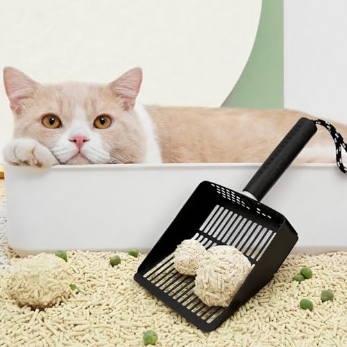 Cat Litter Scoop with Holder, Stainless Steel, Non-Slip Handle | Stainless steel litter scoop with holder captures clumps fast and includes a mini broom and dustpan for easy cleanup - color: Black