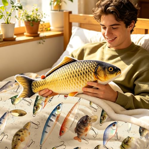 Fish Blanket Ultra Soft Lightweight Flannel Fishing Bait Throw Blankets Fish Blanket Gifts for Room Bed Sofa Decor 50"x40" - color: Beige Fish
