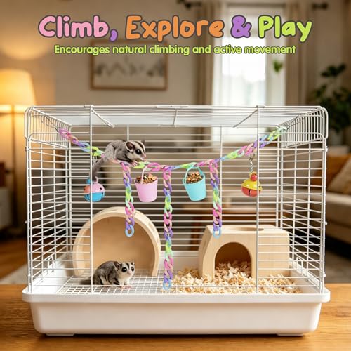 Sugar Glider Toys, Cage Accessories Hanging Climbing Toy Set with Bells | 66 Plastic Links, Bells & Feeding Buckets, Hanging Climbing Toy Set, Foraging Activities, Small Pet Cage Accessories