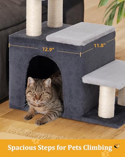 Aechonow 3-in-1 Pet Stairs for Cats, Dog Steps for Small Doggie Rabbits | 6.29'' Depth Cat Stairs, Indoor Cat Ladders for High Bed for Pet's Joints, 1 Cat Condo Cave, Sisal Scratcher, Grey, Medium - size: M-Gray