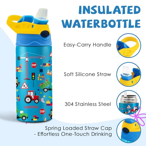 Construction Gifts 12 oz Water Bottle with Straw – Kids Stainless Steel Vacuum Insulated Cup, Leakproof Pop-Up Spout, Reusable Travel Mug for Boys and Girls Outdoor Sports - Under Construction - color: Car1